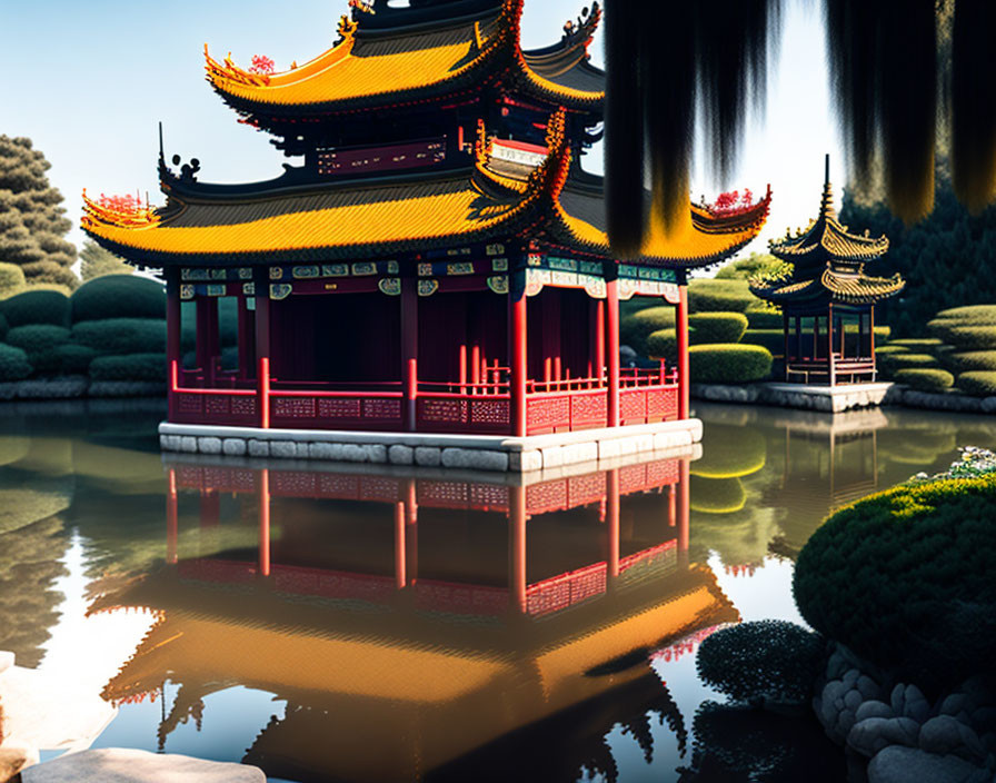 Asian Pavilion Over Water with Manicured Trees and Waterfall