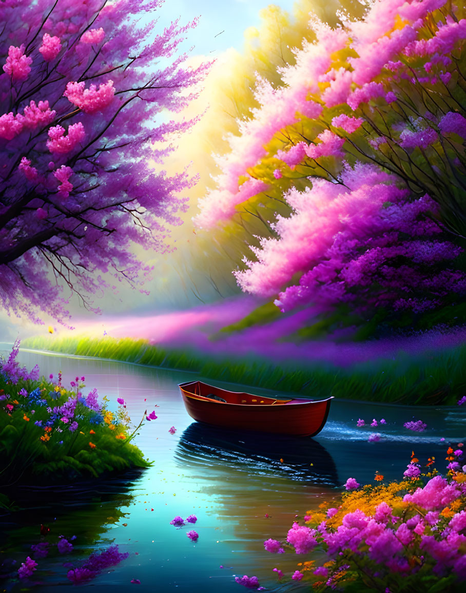 Tranquil boat scene with pink and purple blossoms by calm river