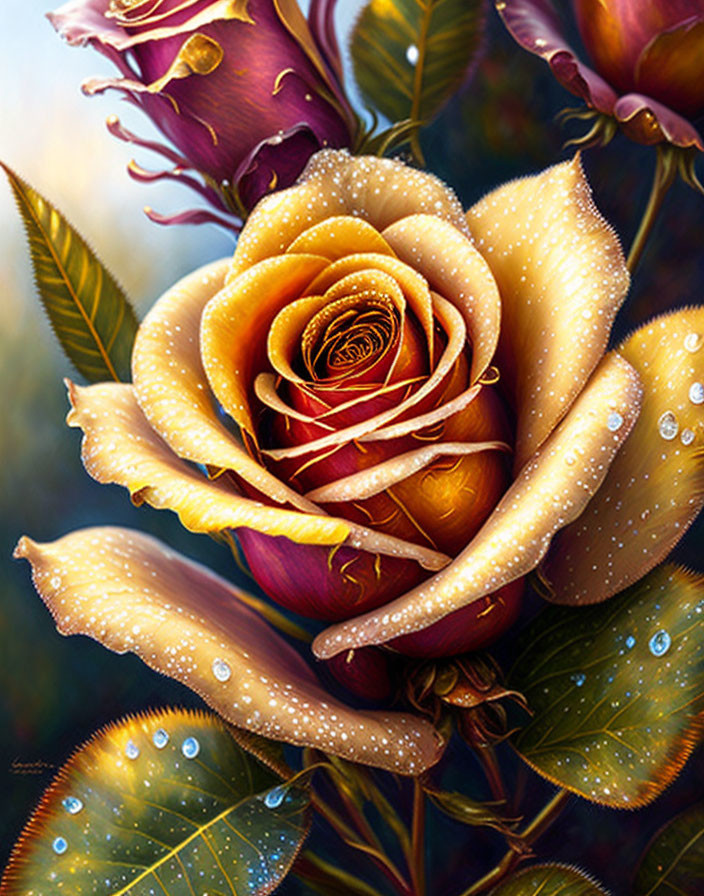 Detailed Painting of Golden Yellow Rose with Water Droplets and Burgundy Flowers