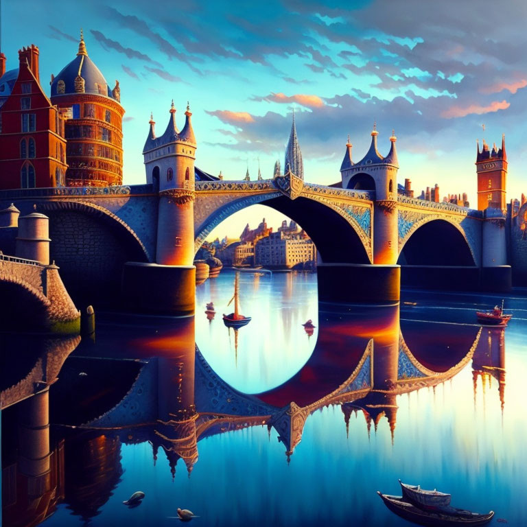 Fantastical cityscape digital artwork with ornate towers and arched bridge.