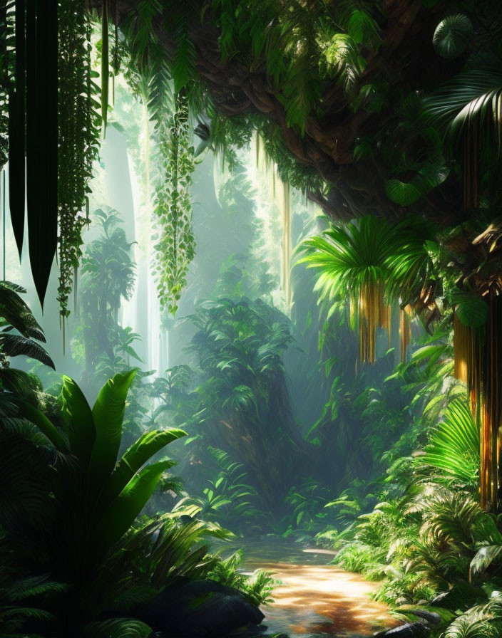 Tropical jungle scene with lush green foliage and sunbeams over water path