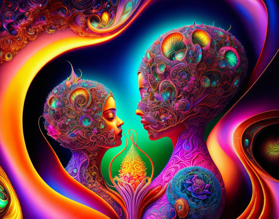 Colorful Psychedelic Artwork of Two Faces with Ornate Patterns