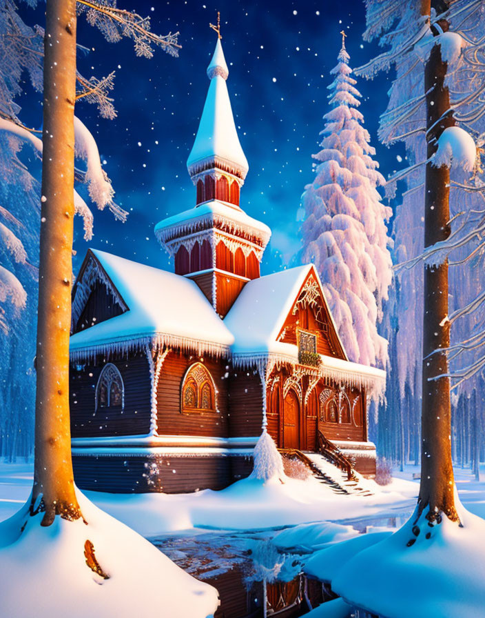 Snowy Forest Twilight Scene: Wooden Church with Tall Spire