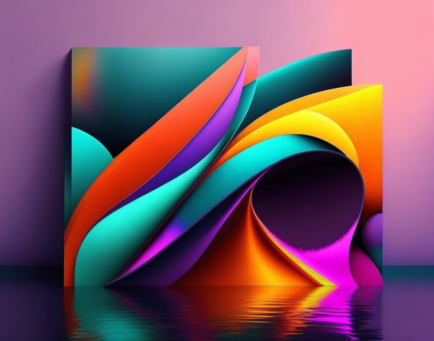 Vibrant multi-colored curved shapes on water-like surface