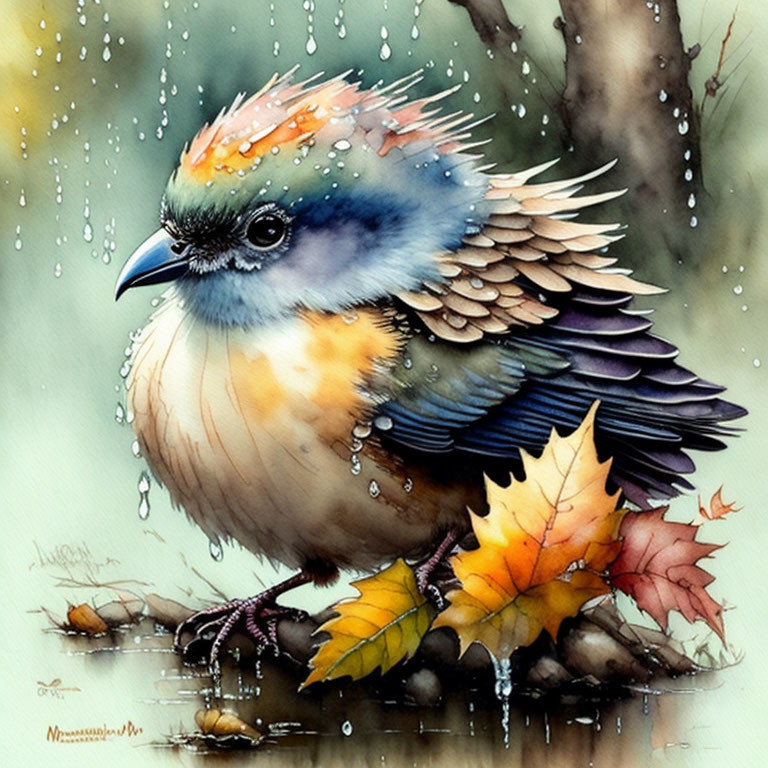 Colorful Bird with Water Droplets Among Autumn Leaves