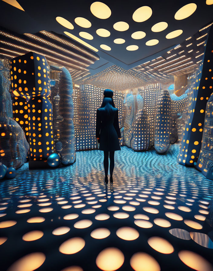 Person in dark coat walks through futuristic hallway with blue lights