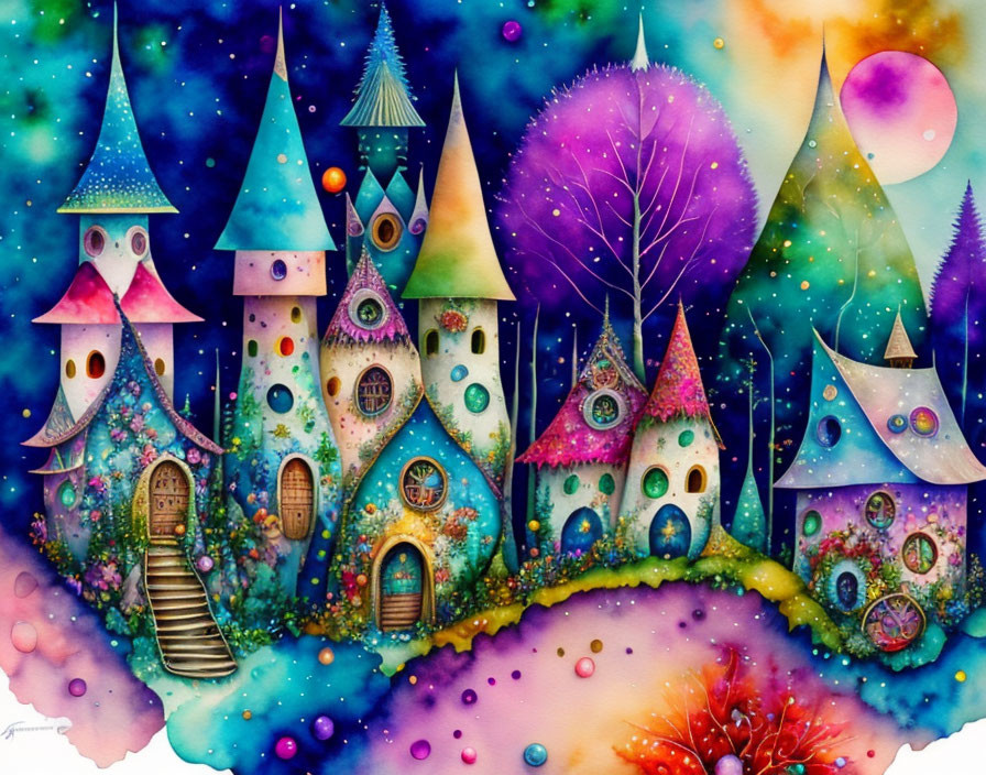 Colorful Stylized Houses and Trees Under Starry Sky with Two Moons