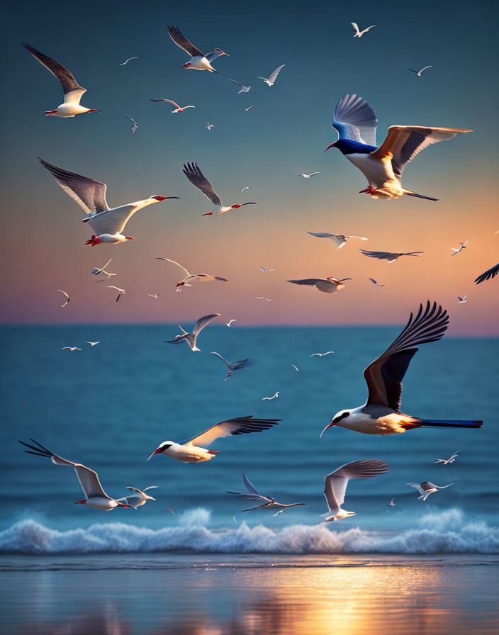 Seagulls Flying Over Tranquil Sunset Sea