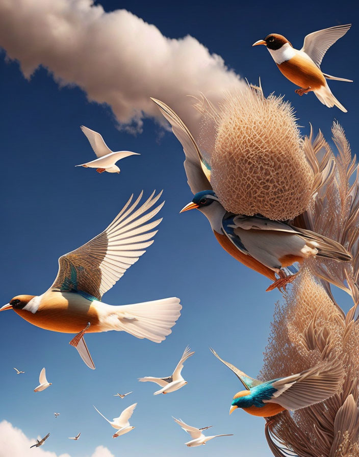 Colorful Birds Flying around Dandelion Seeds in Blue Sky