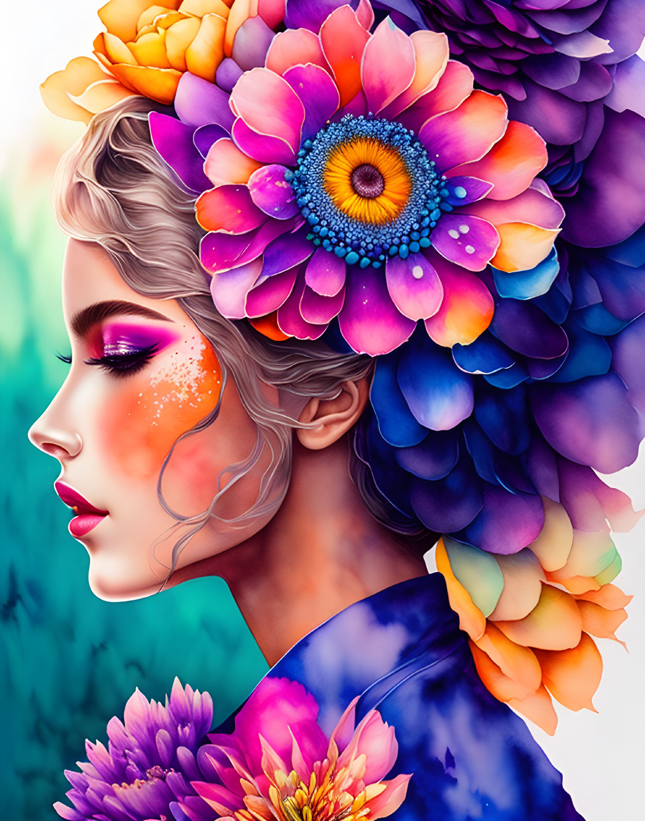 Colorful Flower Adorned Woman Illustration with Vivid Makeup