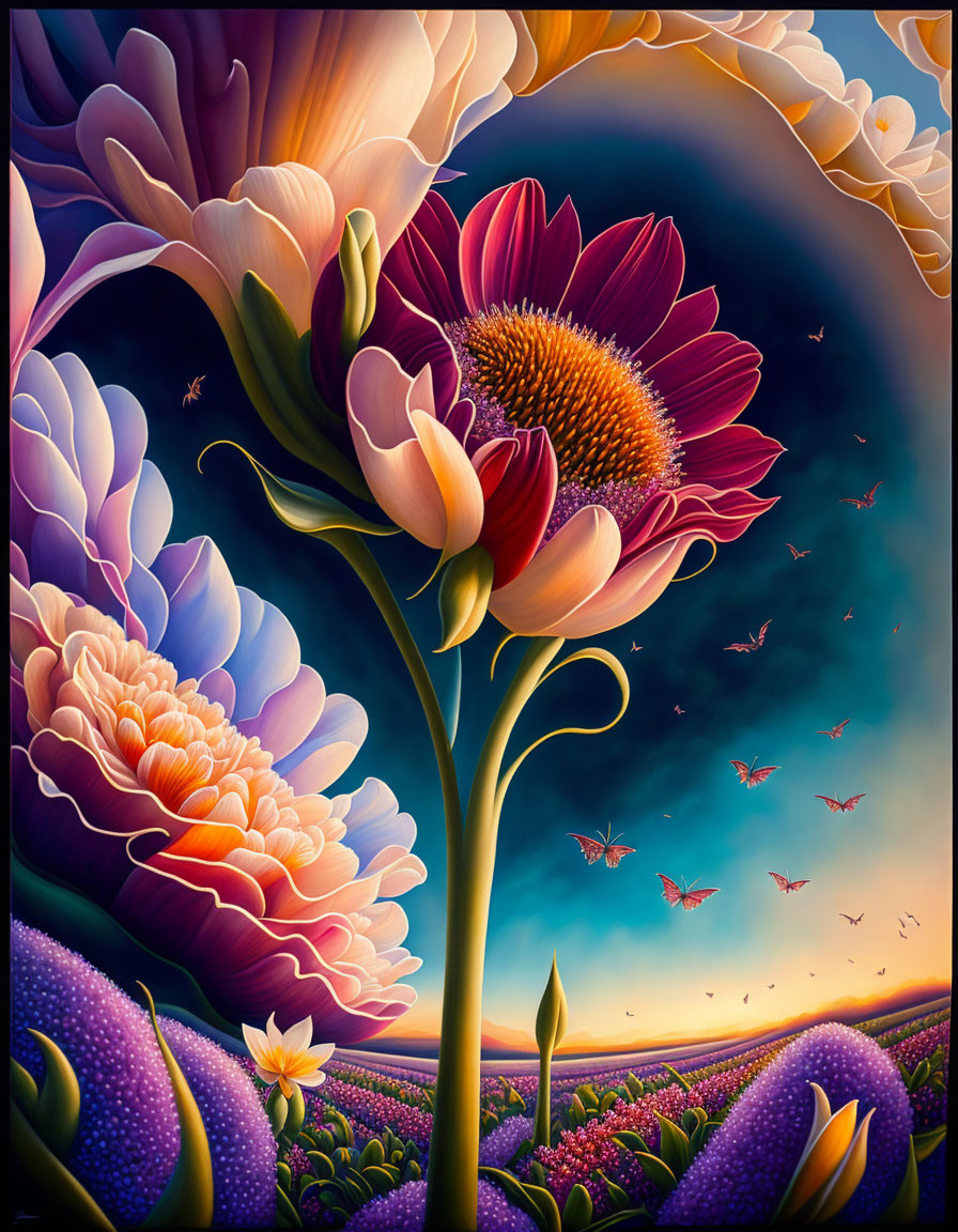 Colorful digital painting of oversized flowers under dynamic sky