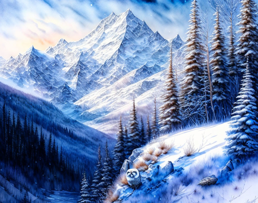 Snowy Trees, Mountain, Owl, and Frozen Creek in Winter Landscape