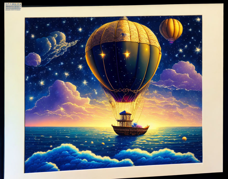 Fantasy illustration of hot air balloons as ships in starry night sky