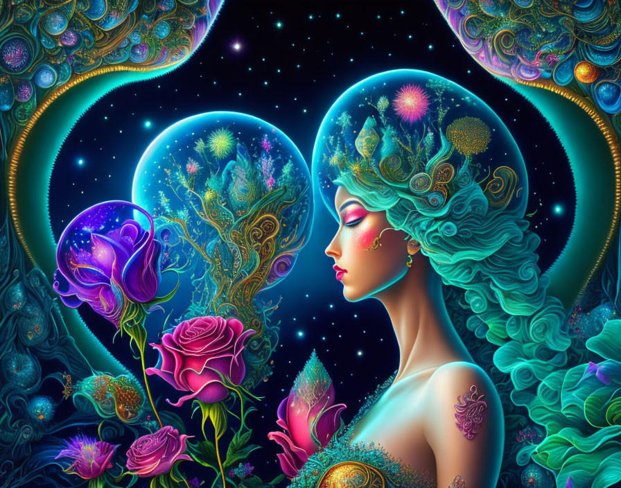 Colorful woman with blue hair in celestial and floral setting