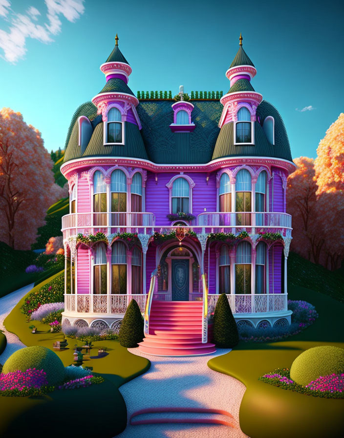 Colorful Victorian-style house with pink and purple hues in serene garden setting