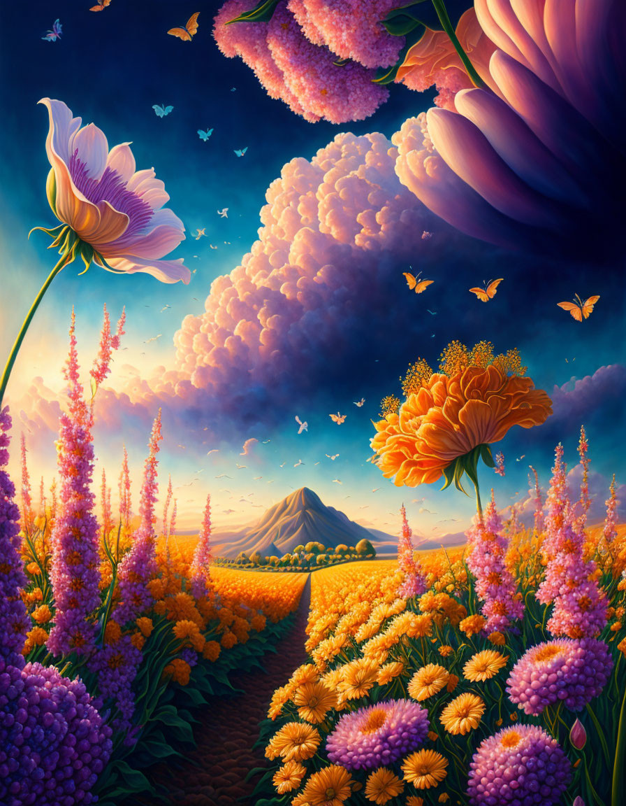 Colorful Fantasy Landscape with Path, Purple and Yellow Flowers, Pink Clouds