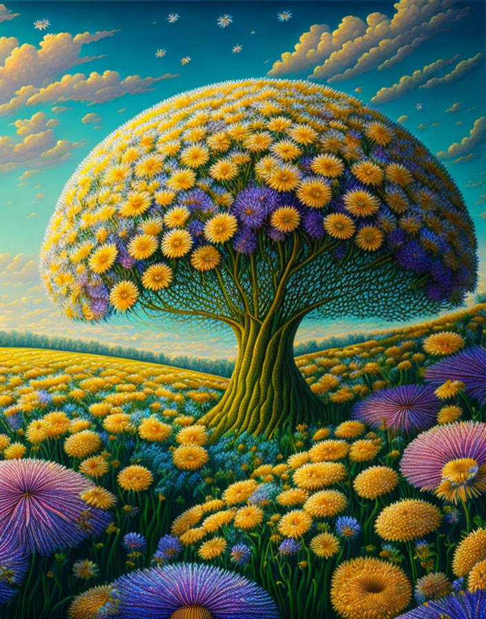 Colorful whimsical painting of oversized dandelion-like tree in surreal meadow