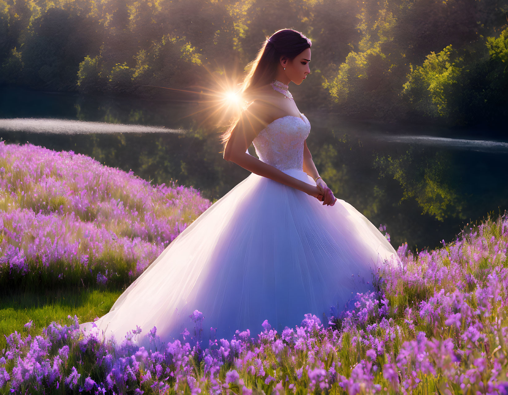 Bride in white dress surrounded by purple flowers at sunset