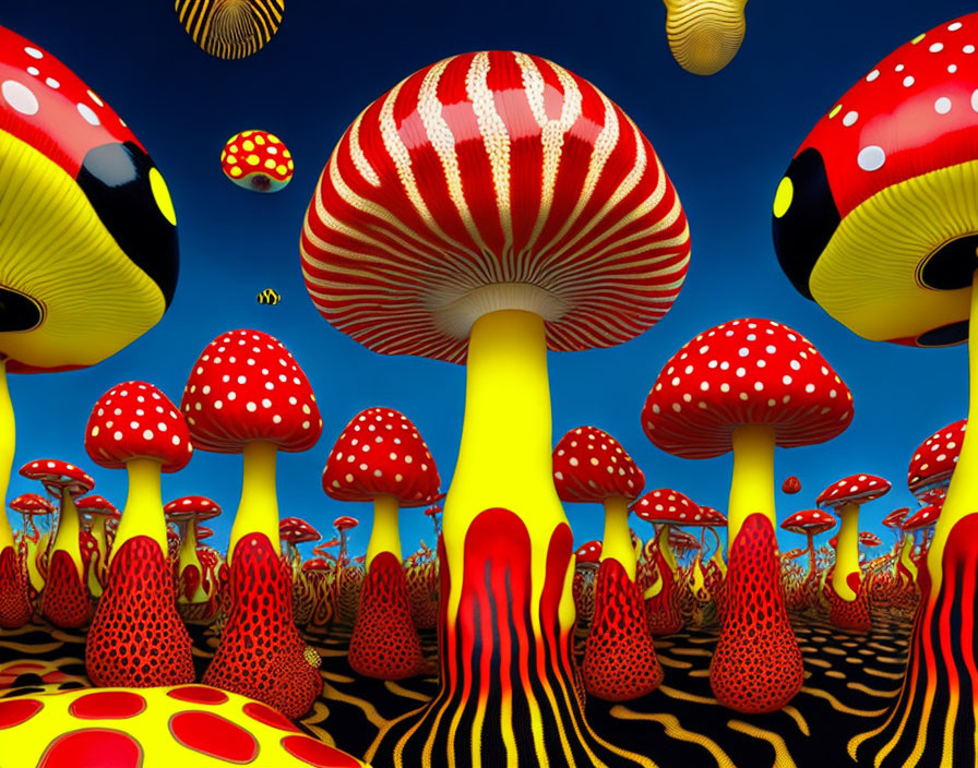 Colorful Mushroom Forest Digital Artwork with Whimsical Theme