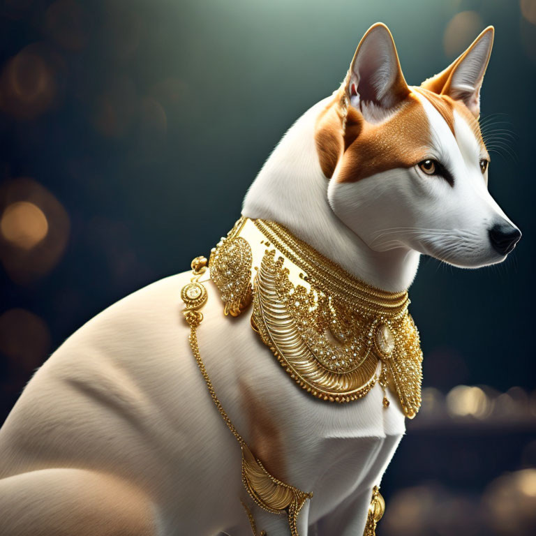 Regal Dog Wearing Gold Jewelry in Elegant Pose