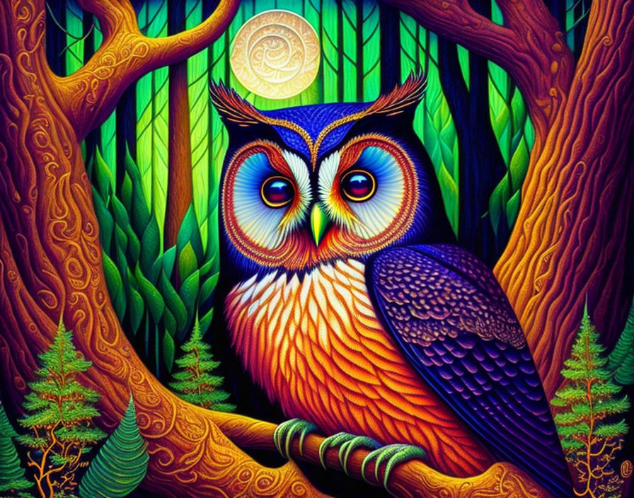 Colorful Stylized Owl in Intricate Forest Under Full Moon