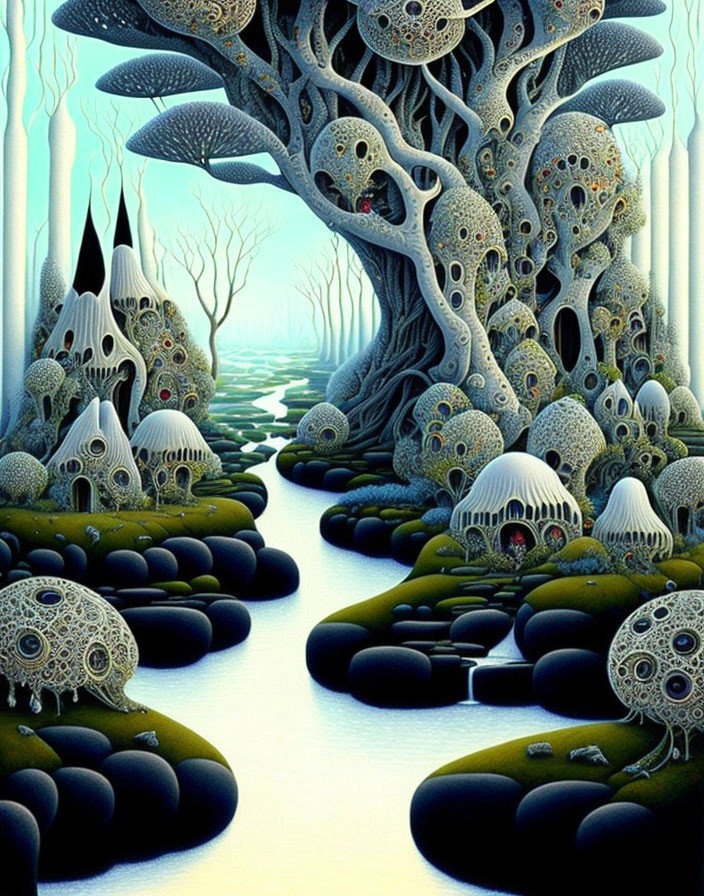 Surreal forest with organic tree structures and eye-like openings