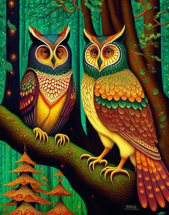 Colorful Stylized Owls Perched in Enchanting Forest Setting