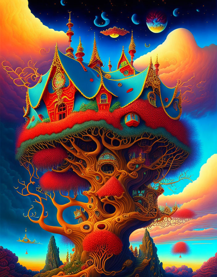 Fantasy illustration of whimsical treehouse against twilight sky