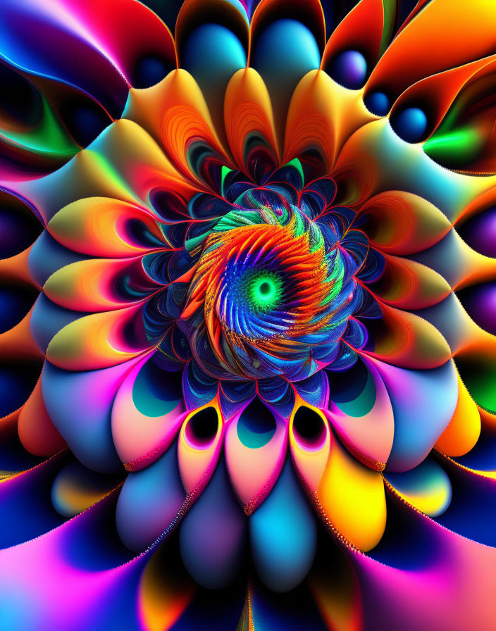 Colorful fractal image with spiraling center and petal-like shapes in blue, green, orange