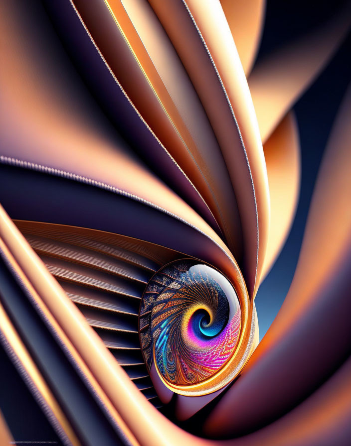 Abstract image: Swirling layers in warm brown and orange tones with detailed fractal spiral.