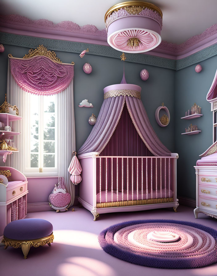 Luxurious Pastel Nursery with Ornate Crib & Cloud Decor