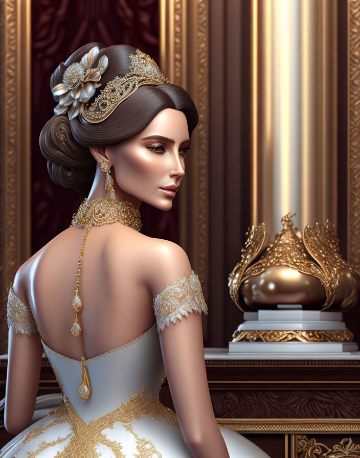 Sophisticated woman in regal white gown with gold accents and elegant updo against luxurious backdrop