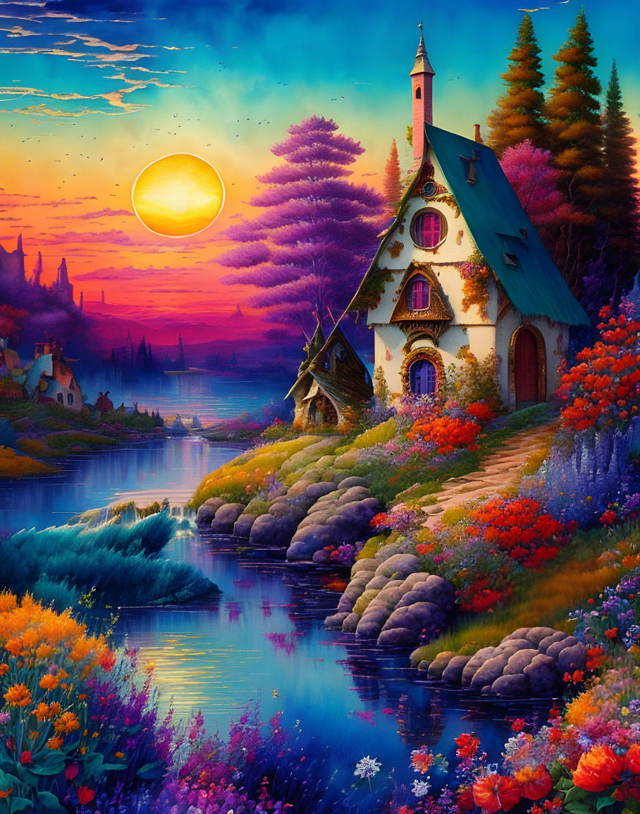 Colorful Fantasy Landscape with Cottage, River, and Moon