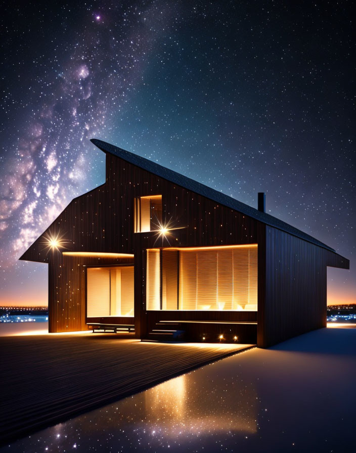 Modern House with Illuminated Windows under Starry Night Sky