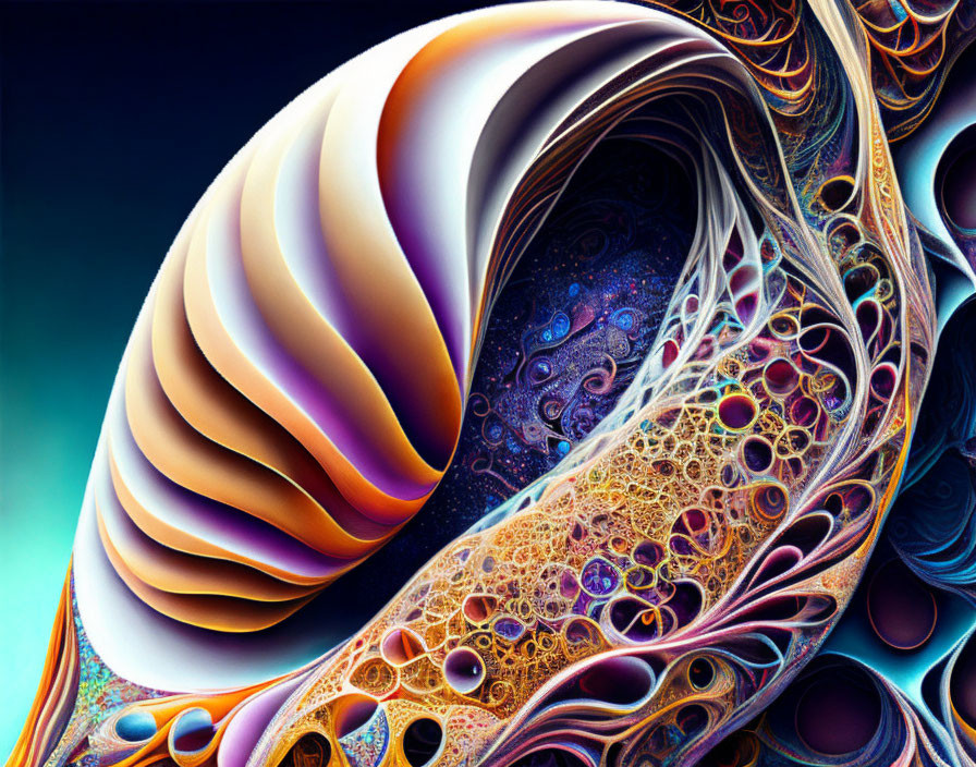 Colorful fractal image with swirling shell-like patterns and intricate textures.