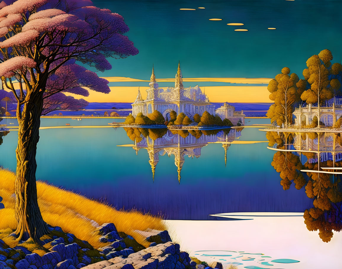 Vivid surreal landscape with purple trees, reflective water, and fantastical architecture