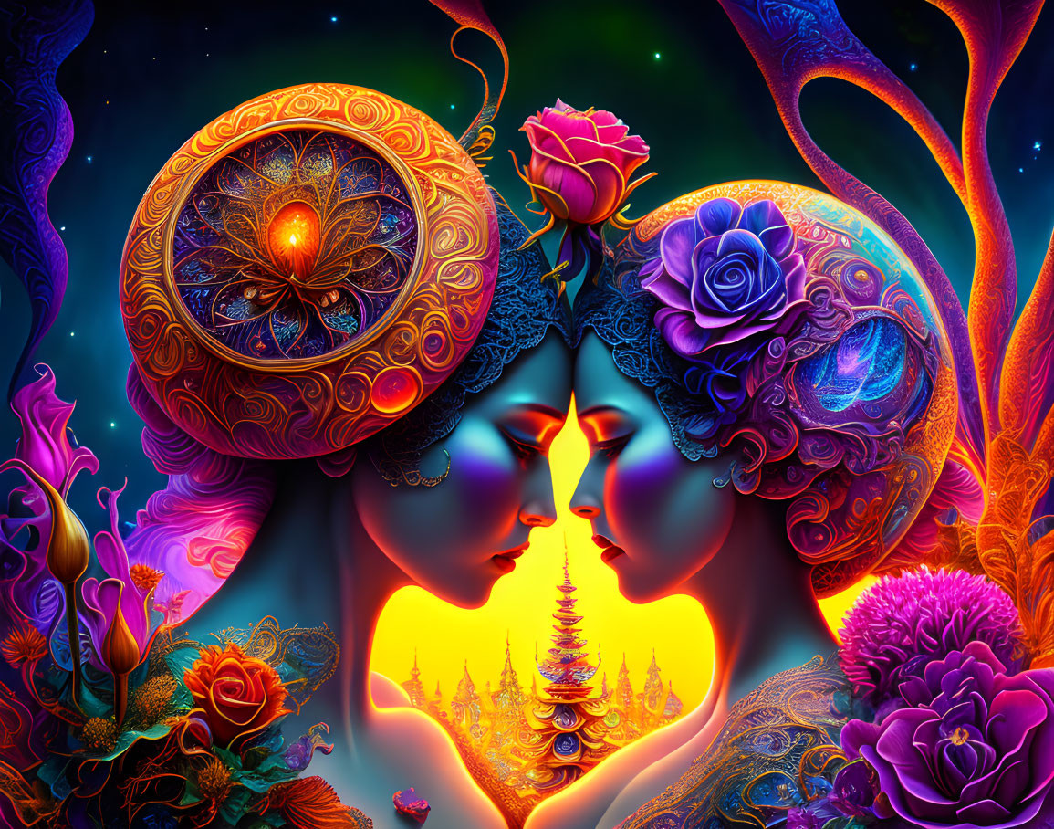 Colorful Stylized Profile Faces Amidst Floral and Celestial Imagery