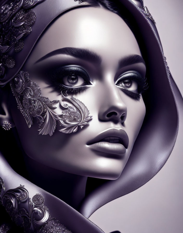 Monochrome digital portrait of a woman with ornate headwear and detailed makeup