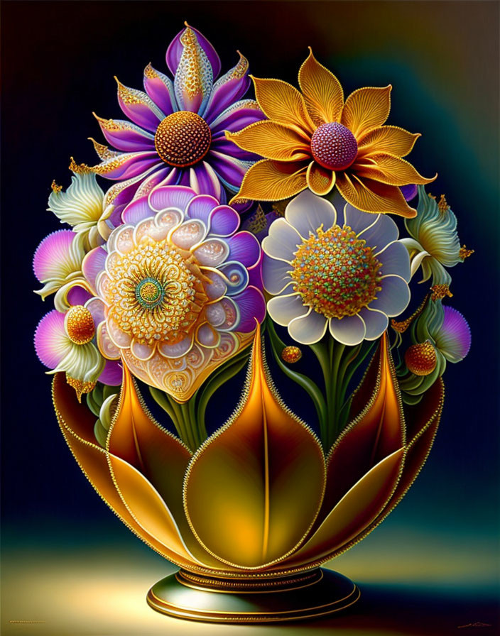 Colorful Floral Arrangement with Exaggerated Details and Rich Colors