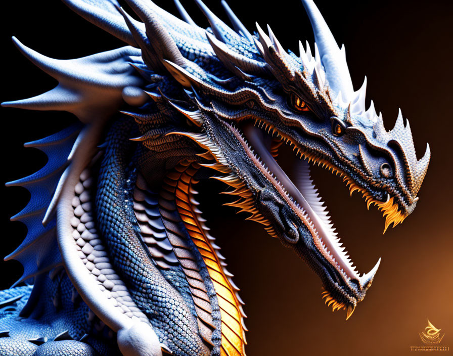 Detailed Three-Headed Dragon Artwork with Blue and White Scales