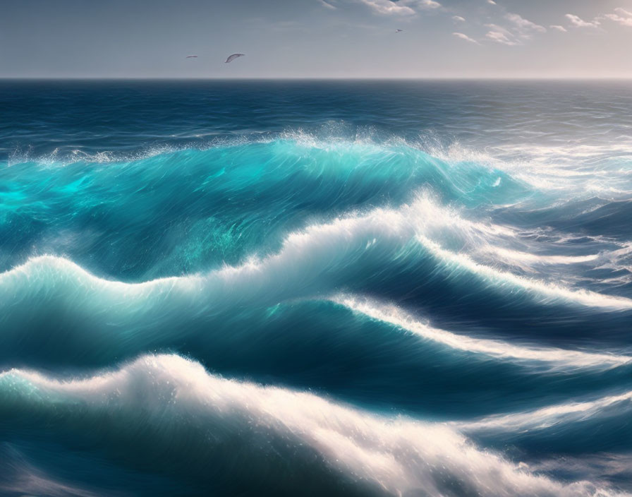 Sunlight on rolling ocean waves with birds in blue sky