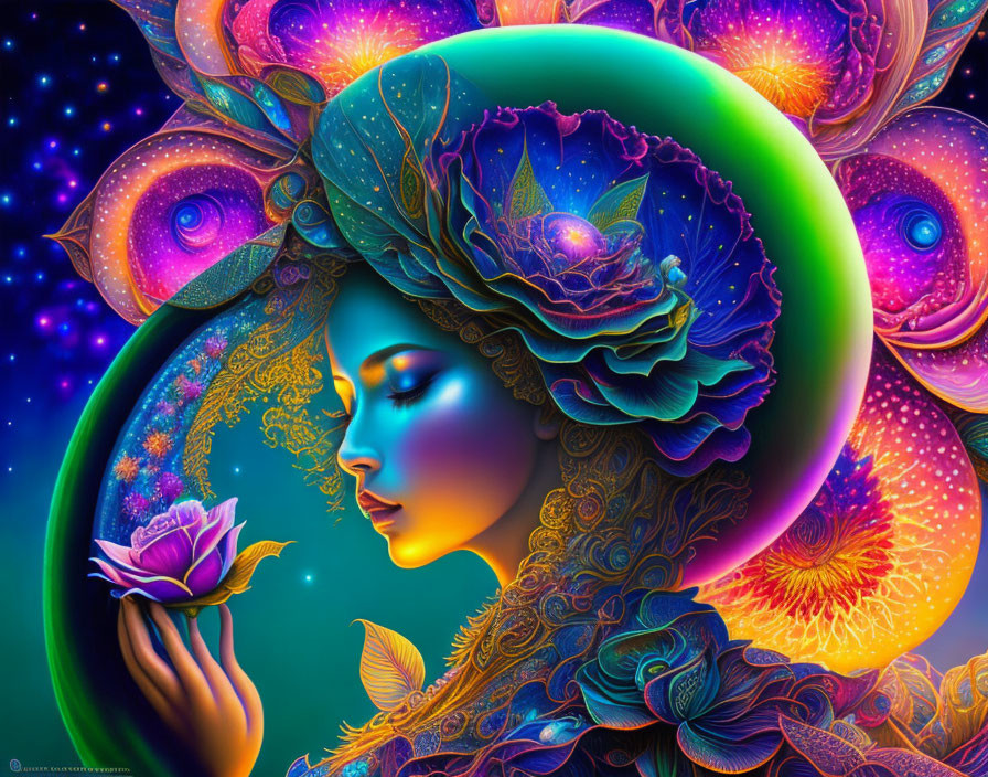 Vibrant digital artwork: woman with serpentine halo and lotus in cosmic setting