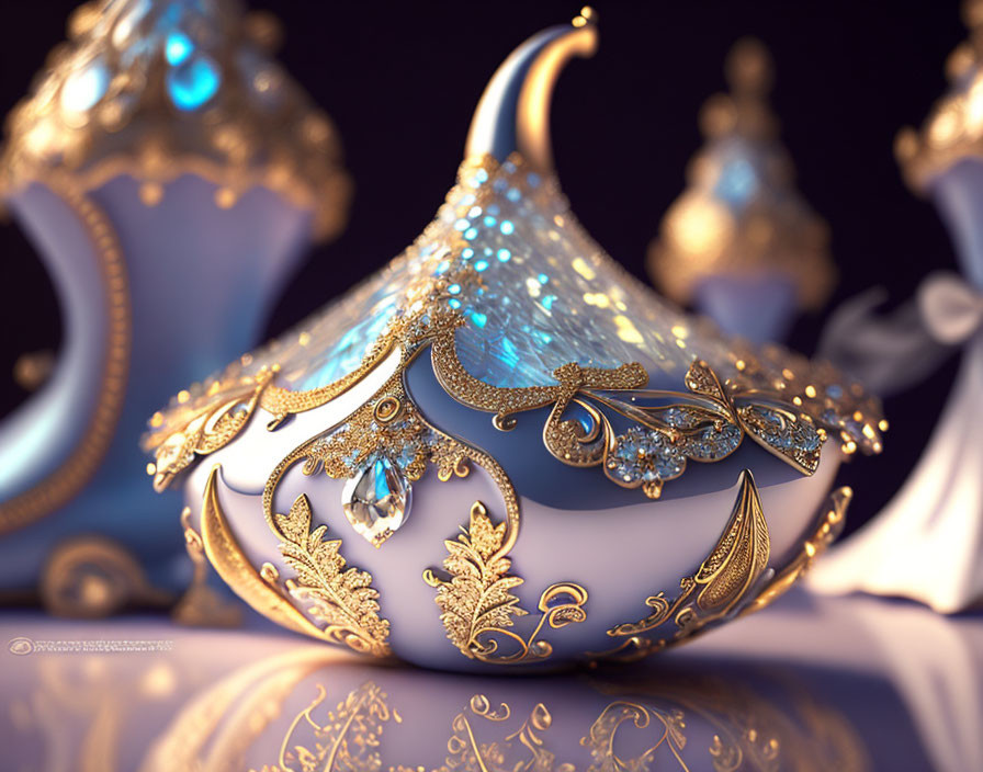 Golden and White Lamp with Filigree and Blue Gemstones for Arabian Nights Aesthetic