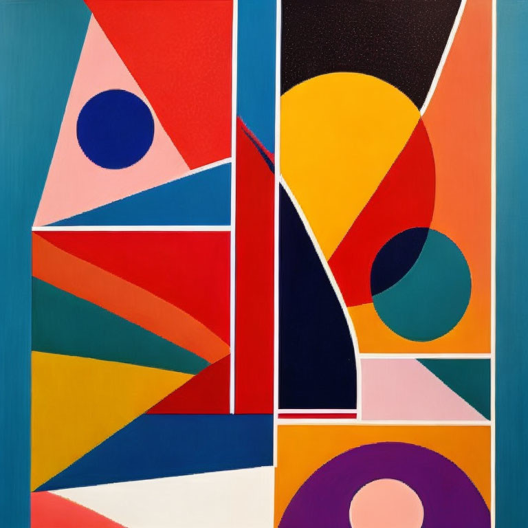 Vibrant abstract geometric painting with bold shapes in red, blue, orange, black, and purple