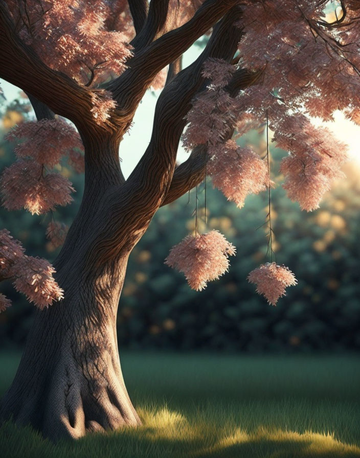 Tranquil grassy environment with sturdy tree and pink blossoms