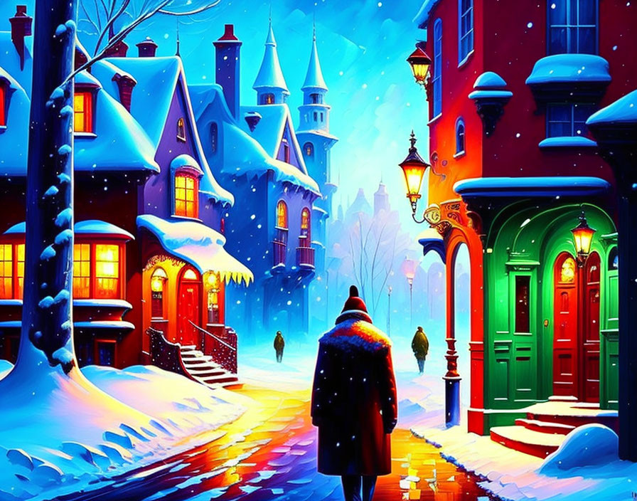 Snowy Street Scene with Colorful Buildings and Twilight Sky