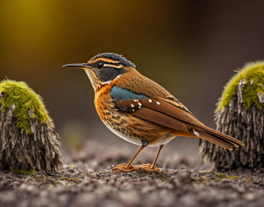 Colorful Patterned Bird Among Moss-Covered Twigs