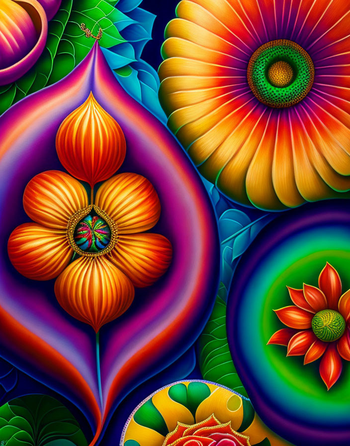 Colorful digital artwork of stylized flowers and leaves with intricate patterns