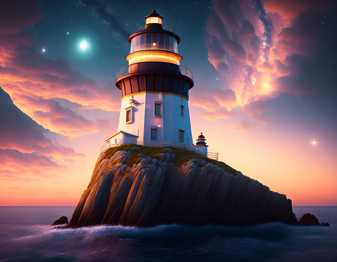 Majestic lighthouse on rocky cliff at twilight with twinkling stars