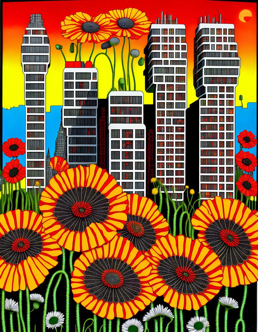 Cityscape and oversized flowers in pop art style under sunset sky